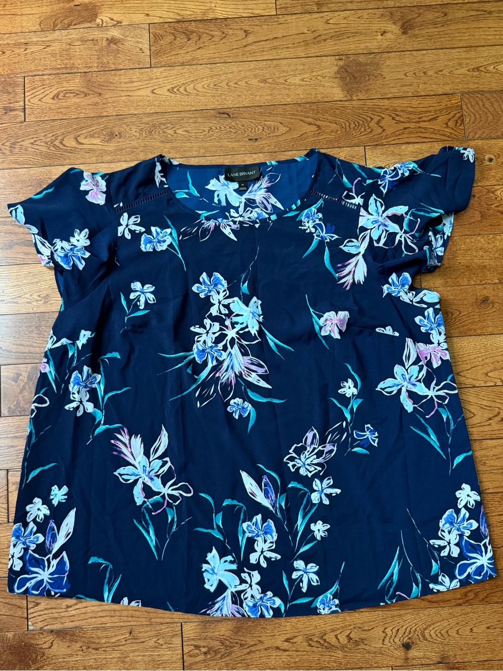 Lane Bryant Navy Floral Short Sleeve Blouse with Pastel Accents